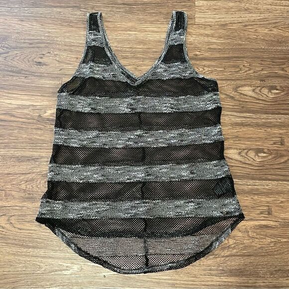 Guess See Through Mesh Sleeveless Striped Shirt Black and Gray Size Large - Picture 7 of 14